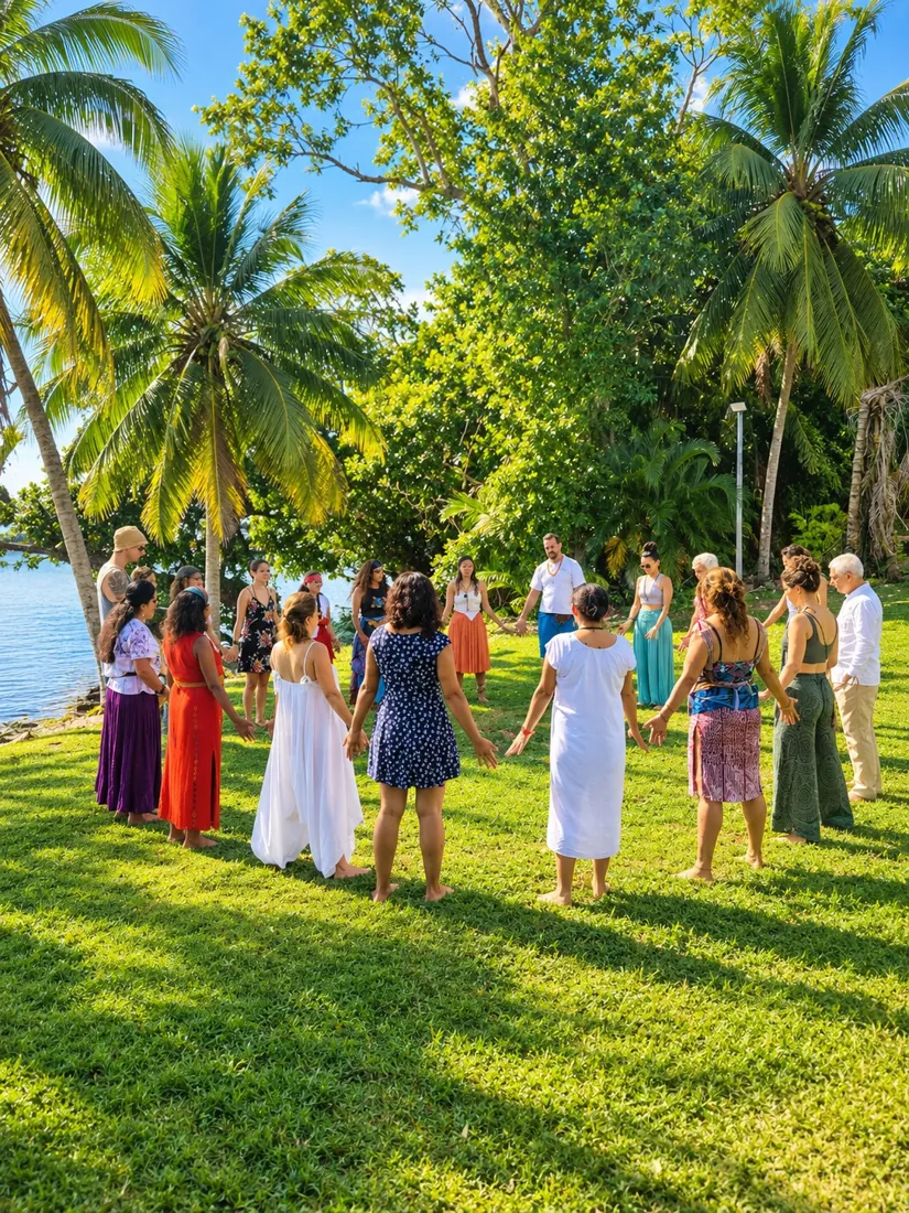 Community circle holding hands by the water in the Riviera Maya